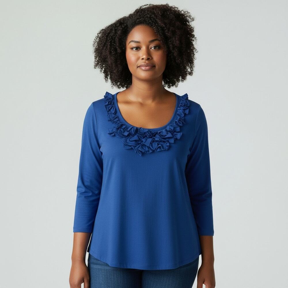 Hampshire Studio Womens 2X Blue Ruffle Rosette Top Romantic 3/4 Sleeve